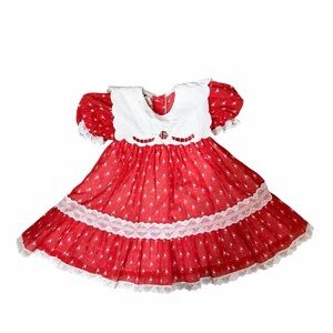 Vintage Toddler Dress Red White Lace Prairie Baby Girl ruffle lace